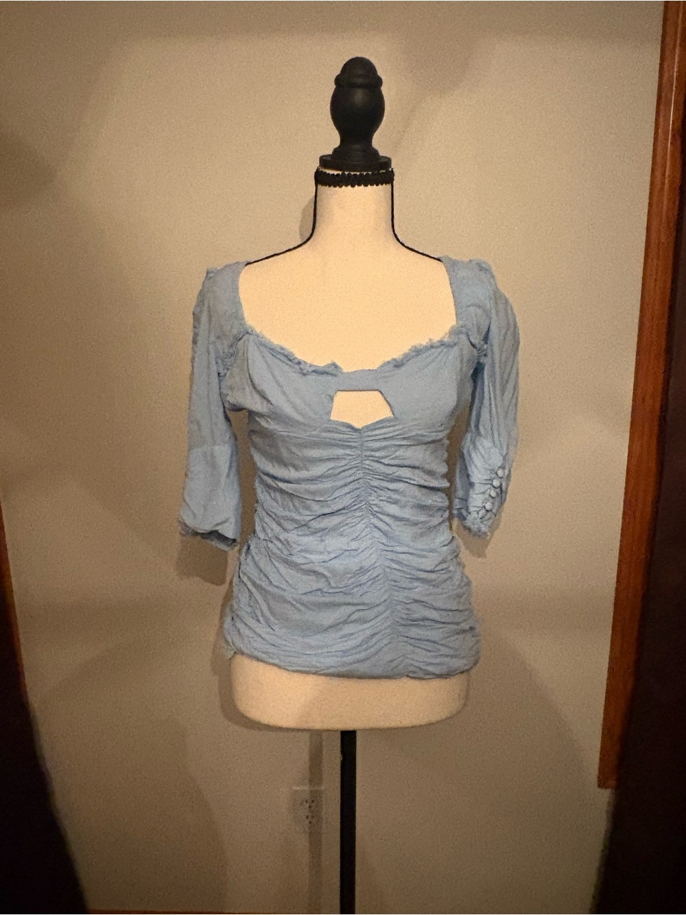 VENUS Light Blue Ruched Square Neck Top with Keyhole